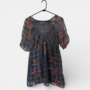 Hale Bob Floral Blouse Sheer and Velvet Black and Brown Size Medium Boho